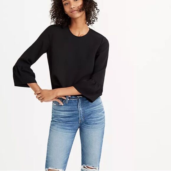 Madewell Black Bell Sleeve Crepe Top with Keyhole Back Sleek and Swingy Top XXS - Picture 1 of 12